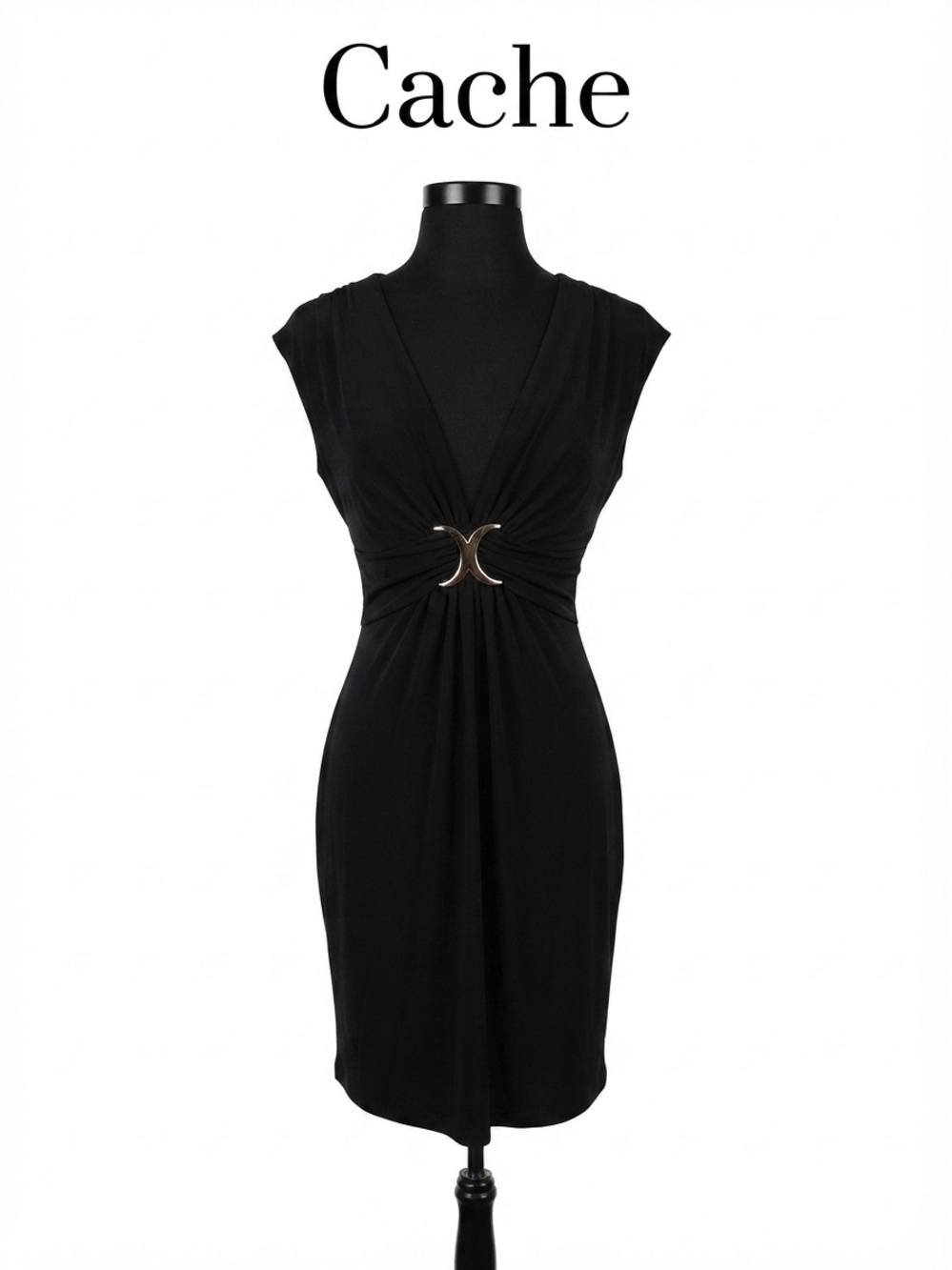 Vintage Cache Black Faux-Wrap Dress with Gold Accent Size 12 0146